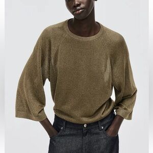 H&M NWT khaki olive green metallic thread fine knit sweater